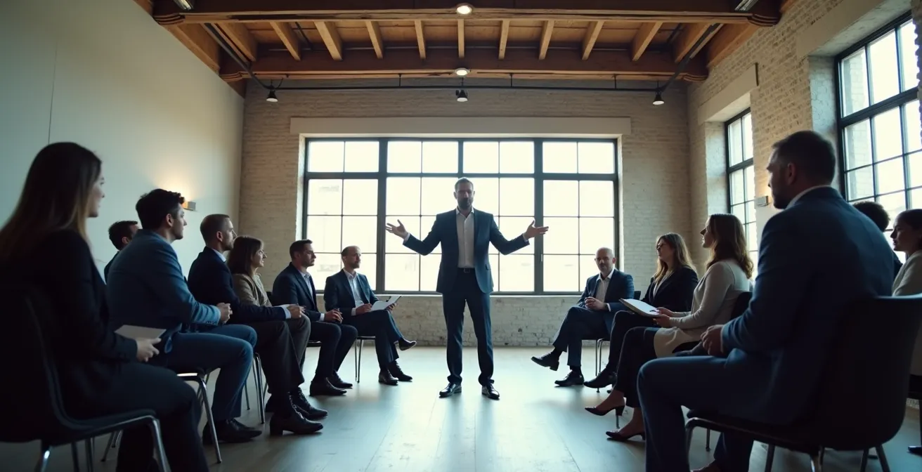 Leader che utilizza lo storytelling per ispirare il team in un ambiente aziendale italiano