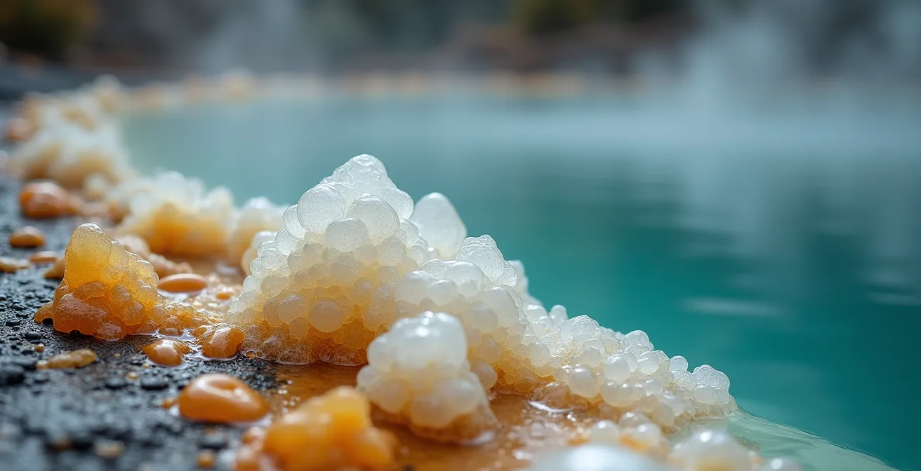 Primo piano macro di minerali termali cristallizzati su roccia vulcanica con vapore acqueo