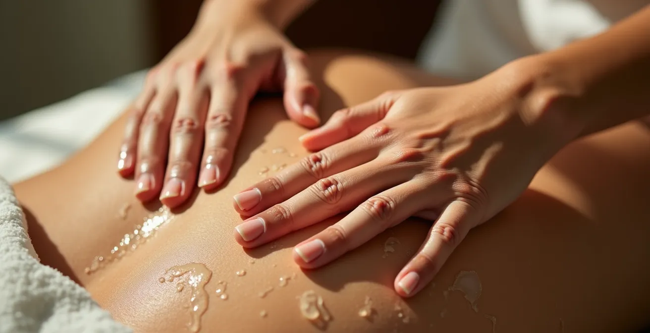 Mani che eseguono movimenti circolari con scrub naturale sulla pelle