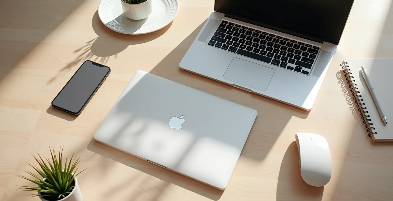 Vista dall'alto di scrivania organizzata con dispositivi multipli per comunicazione multicanale