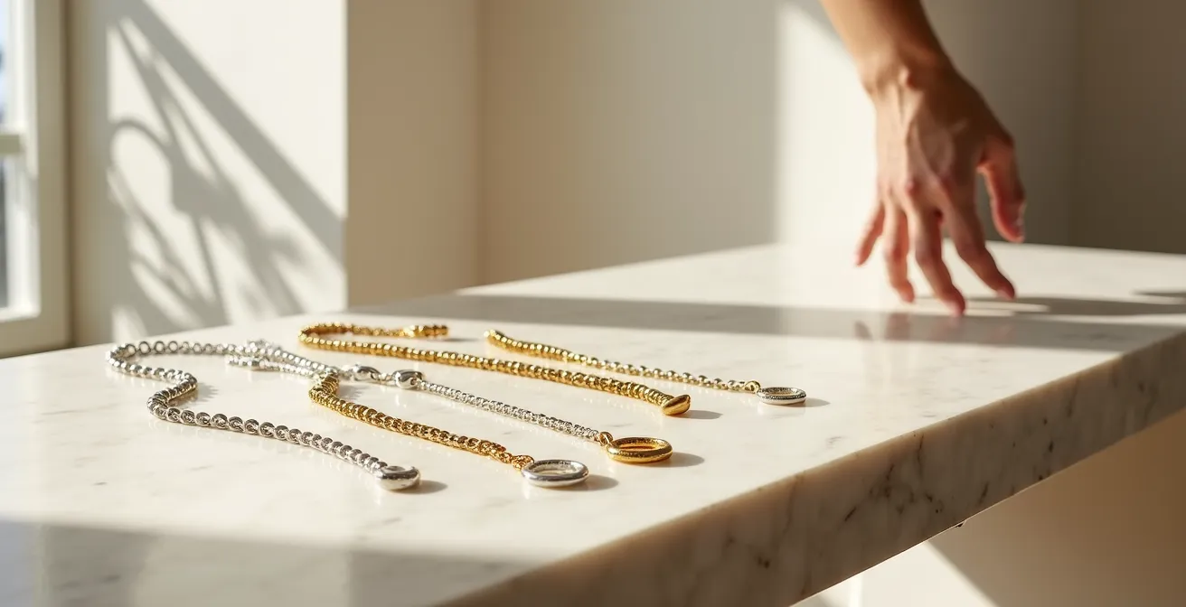 Composizione minimalista di gioielli oro e argento mixati con eleganza