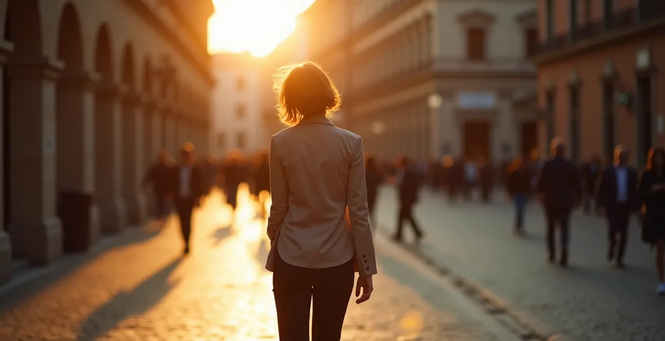 Persona passeggia in una piazza italiana al tramonto in un momento di contemplazione
