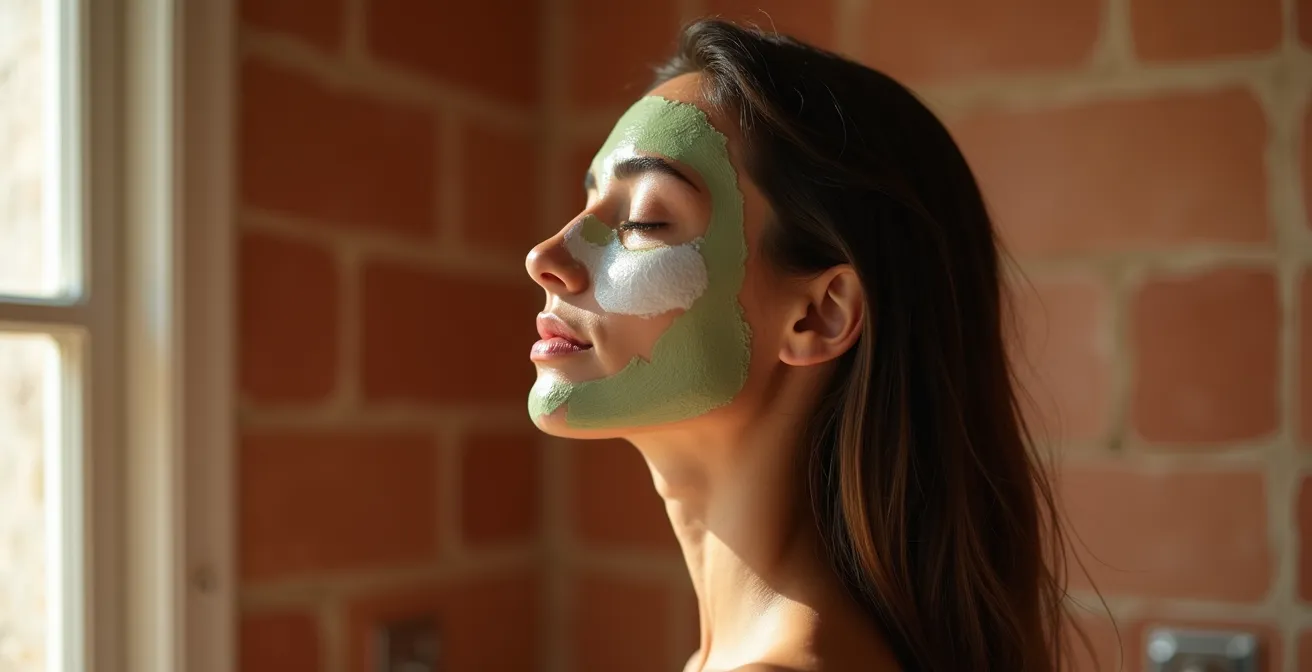 Una donna applica con precisione diverse maschere colorate su zone distinte dei suoi capelli: una maschera verde per le radici, una bianca per le lunghezze e una dorata per le punte, dimostrando la tecnica del multimasking capillare.