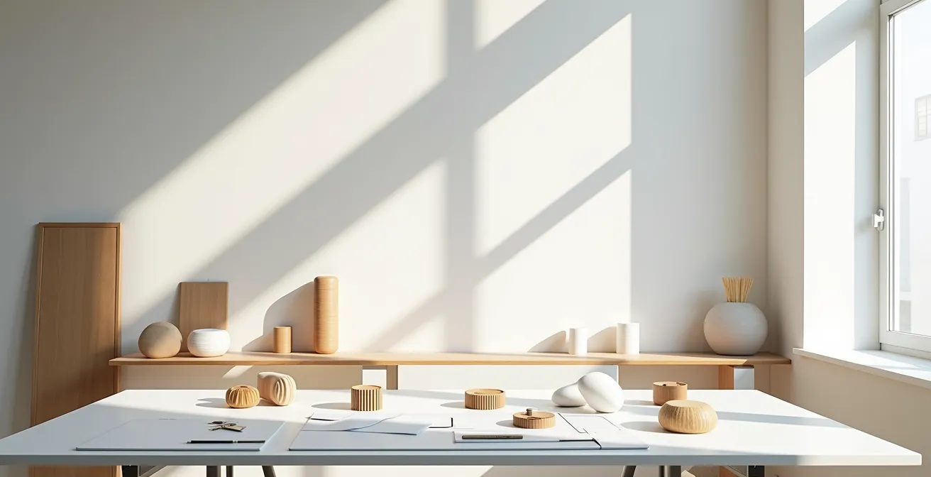 Schema che mostra l'evoluzione da un prototipo grezzo a un prodotto finale raffinato in un contesto di design italiano.