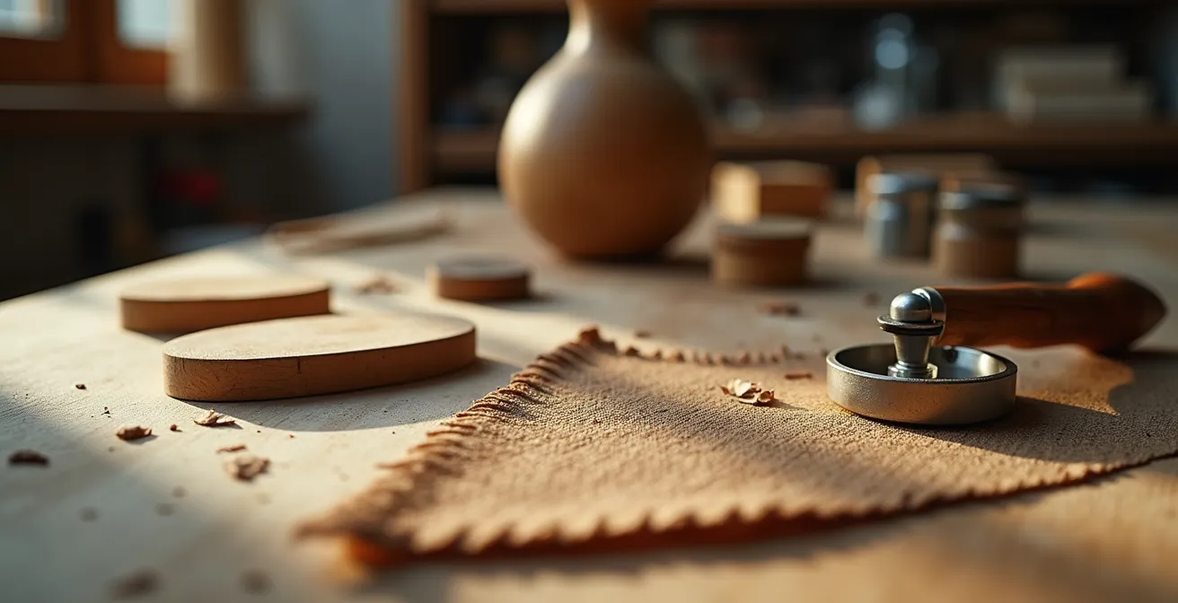 Dettaglio macro di prototipo artigianale italiano con texture di materiali grezzi e strumenti di lavoro