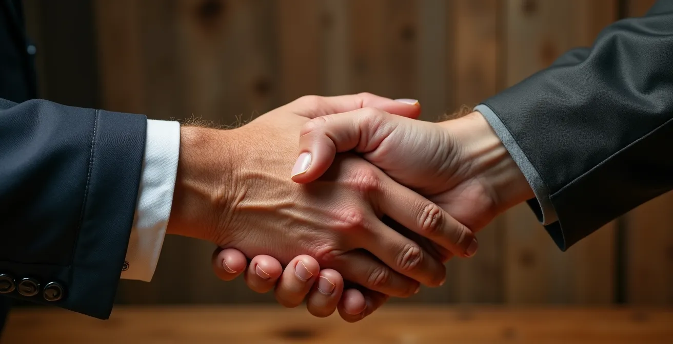 Stretta di mano tra imprenditori italiani dopo negoziazione di successo