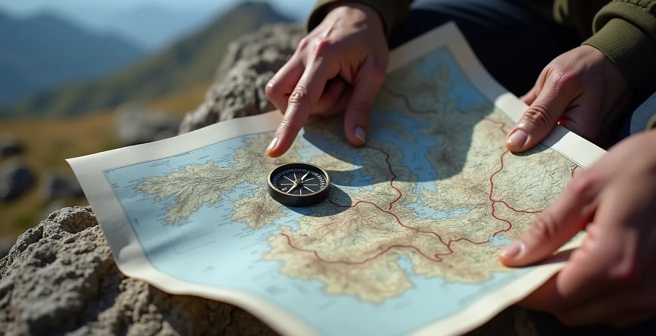 Mani che tengono una mappa topografica con una bussola, appoggiate su una roccia in montagna.