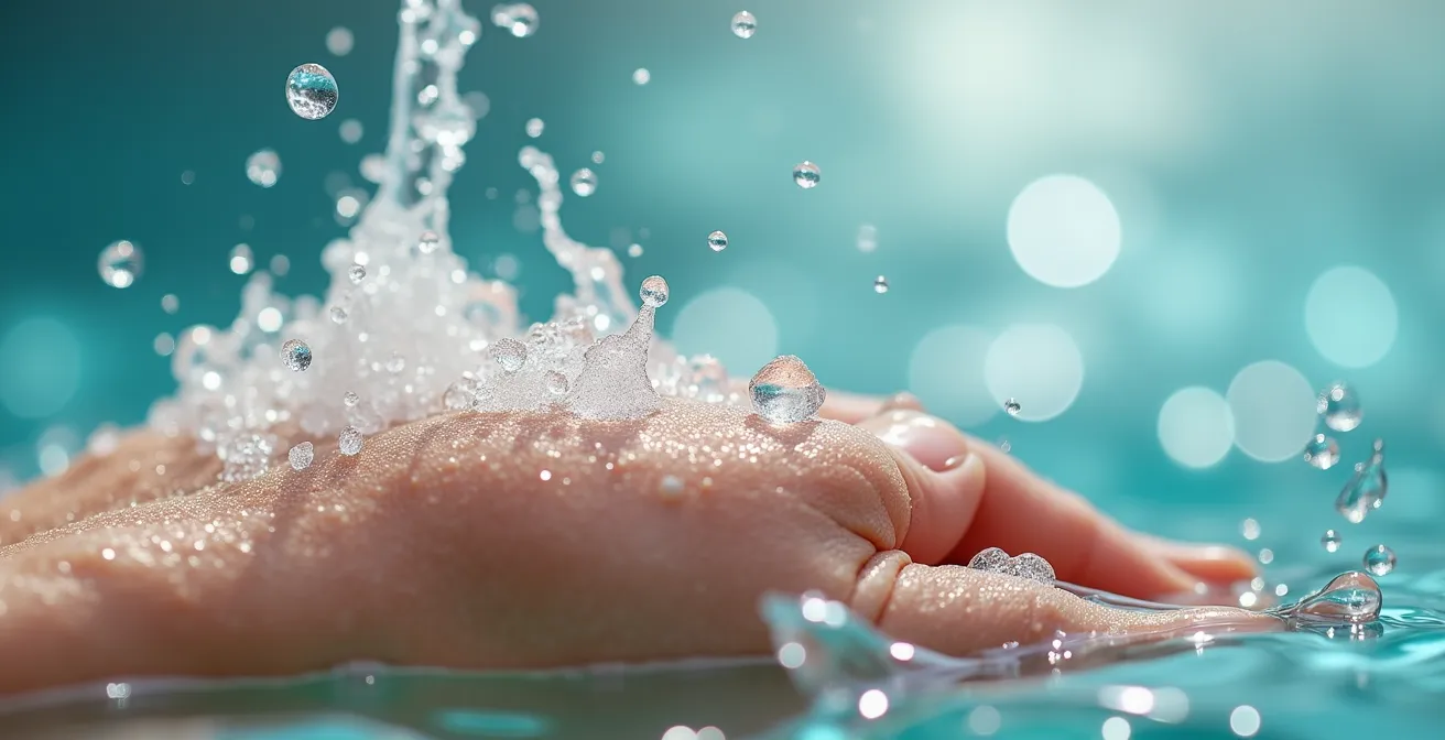 Macro dettaglio della pelle umana immersa in acqua marina con gocce e minerali visibili