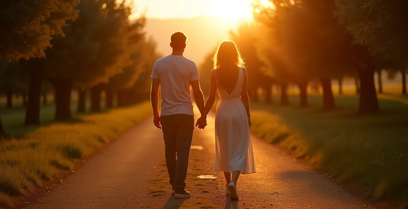 Coppia italiana durante la passeggiata serale tra gli ulivi al tramonto