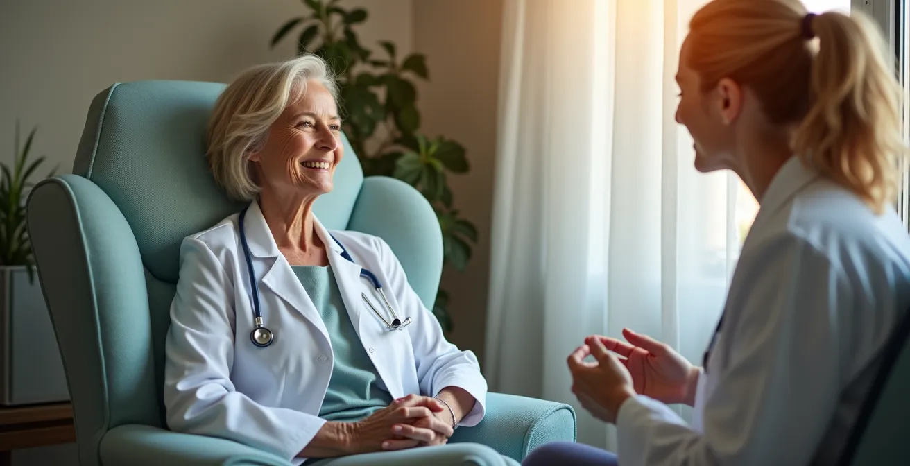 Paziente rilassata durante consultazione pre-screening con personale sanitario rassicurante