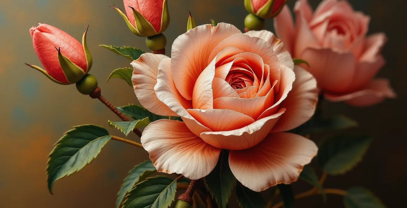 Dettaglio macro di elementi botanici nascosti in un dipinto rinascimentale, rivelando simbolismi segreti