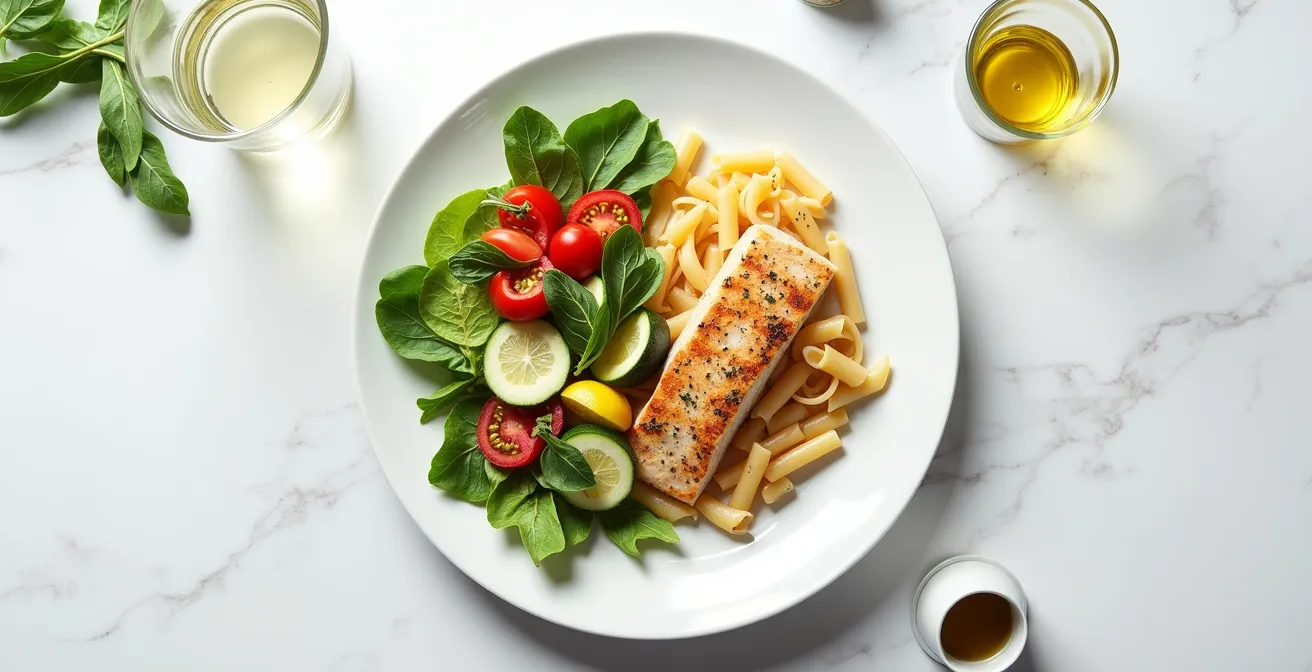 Il piatto sano suddiviso in porzioni con verdure colorate, cereali integrali e proteine magre secondo il modello italiano