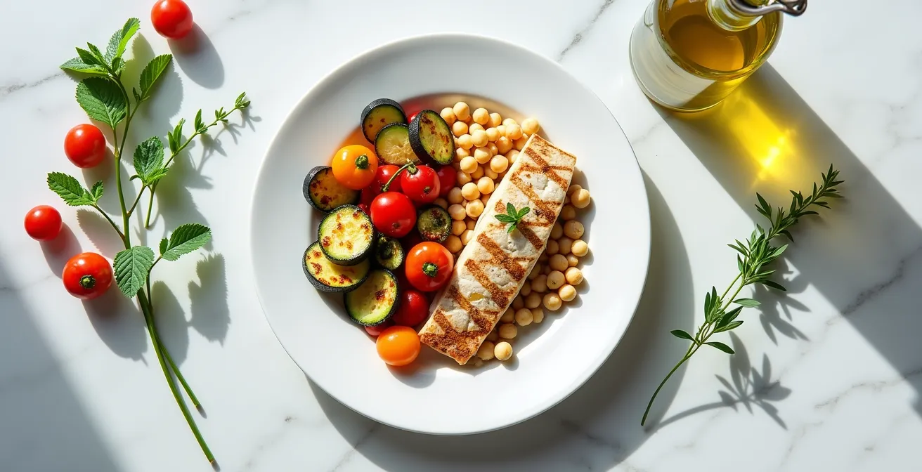 Vista dall'alto di un piatto diviso in sezioni con alimenti tipici italiani come verdure grigliate, pasta integrale e pesce.