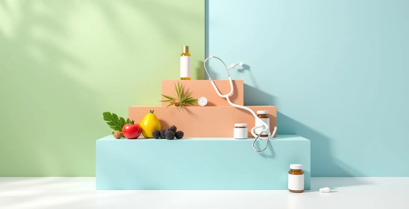 I tre livelli della prevenzione medica illustrati visivamente con simboli di stile di vita, diagnosi e cura