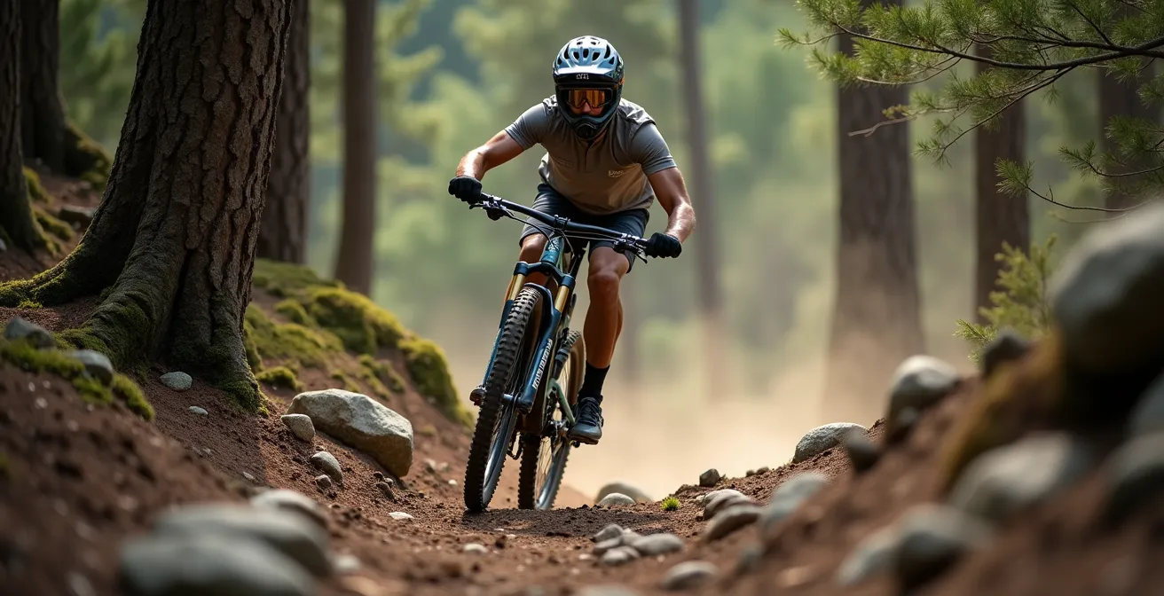 Biker in posizione di attacco su terreno sconnesso mostrando corretta distribuzione peso