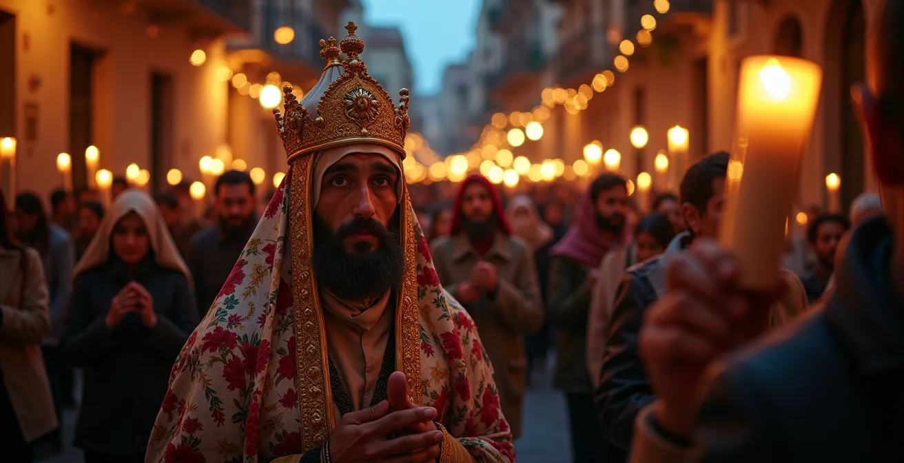 Processione religiosa italiana con statue portate a spalla attraverso vicoli storici illuminati da candele
