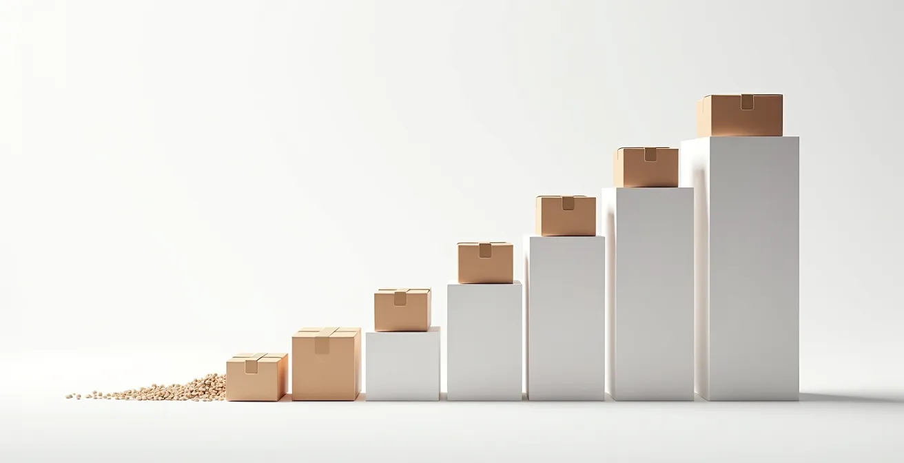 Un grafico di crescita esponenziale visualizzato attraverso oggetti fisici disposti in progressione ascendente