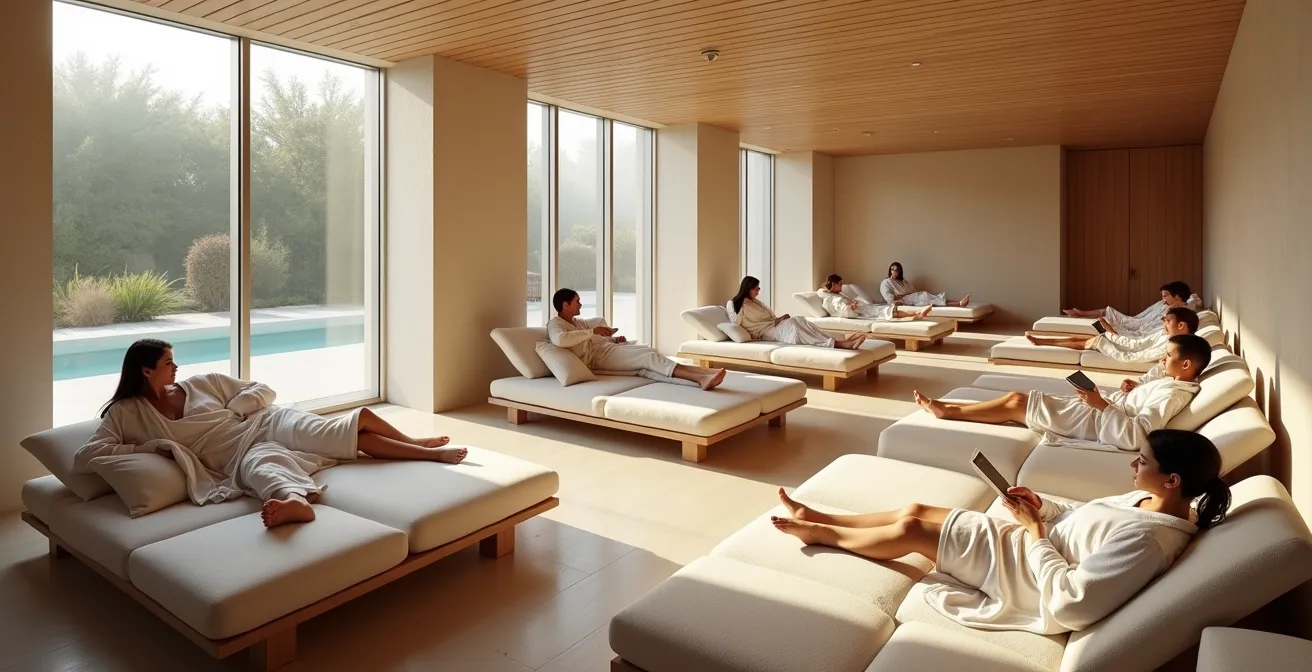 Ampia vista di un'area relax termale minimalista con persone che riposano in silenzio