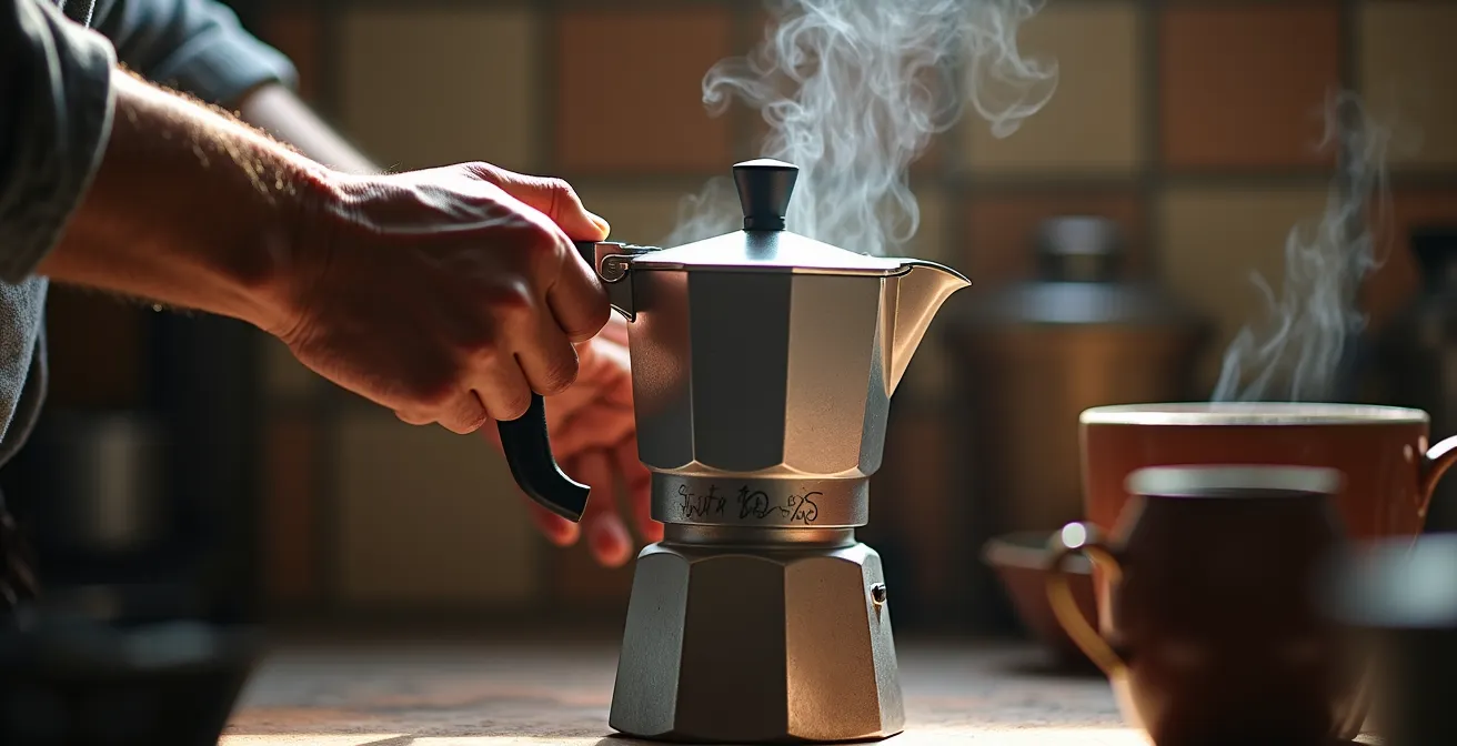 Mani che preparano il caffè con la moka in una cucina luminosa, simbolo di meditazione quotidiana italiana.