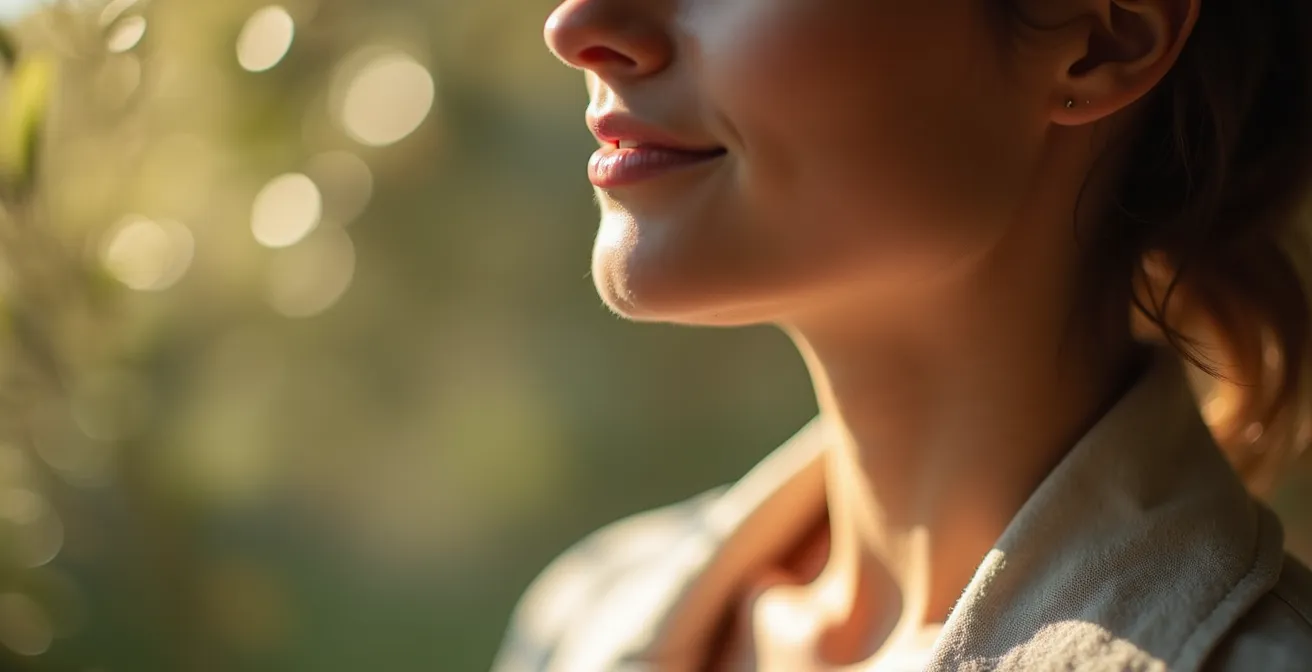Primo piano di una persona che pratica respirazione consapevole in un ambiente naturale italiano, simbolo di calma interiore.