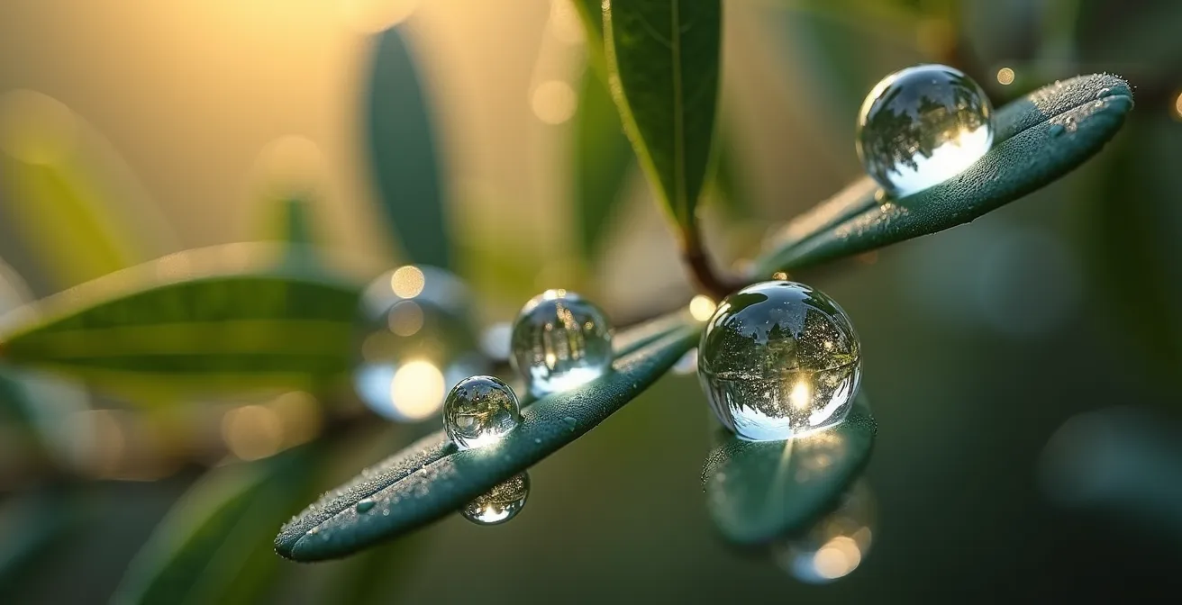 Primo piano macro di foglie d'ulivo con rugiada mattutina, simbolo della respirazione calma