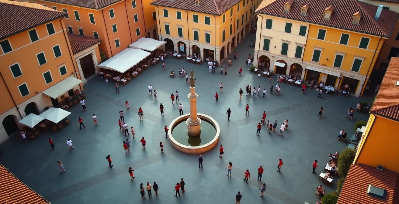 Vista aerea di una piazza italiana con persone che socializzano in diversi gruppi