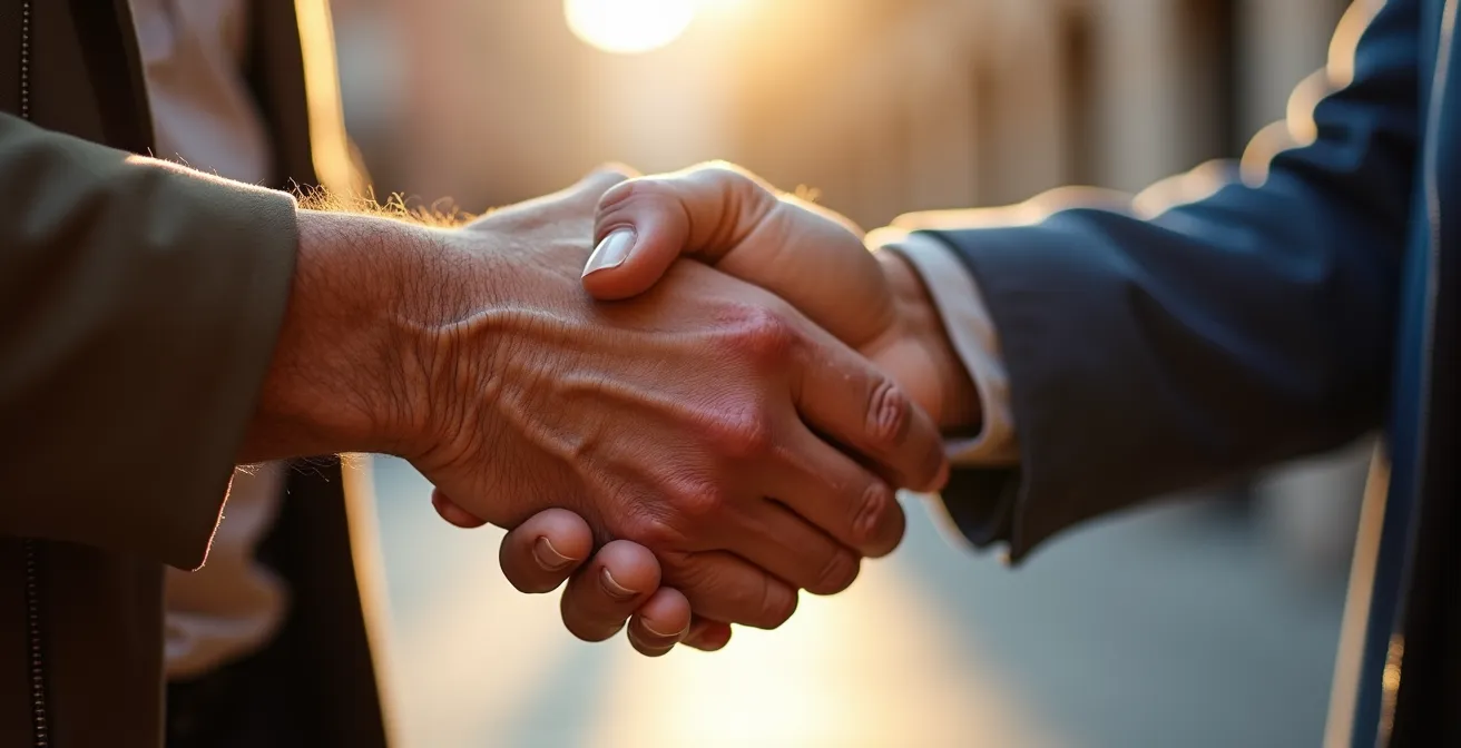 Vista macro di mani che si stringono in un saluto tradizionale