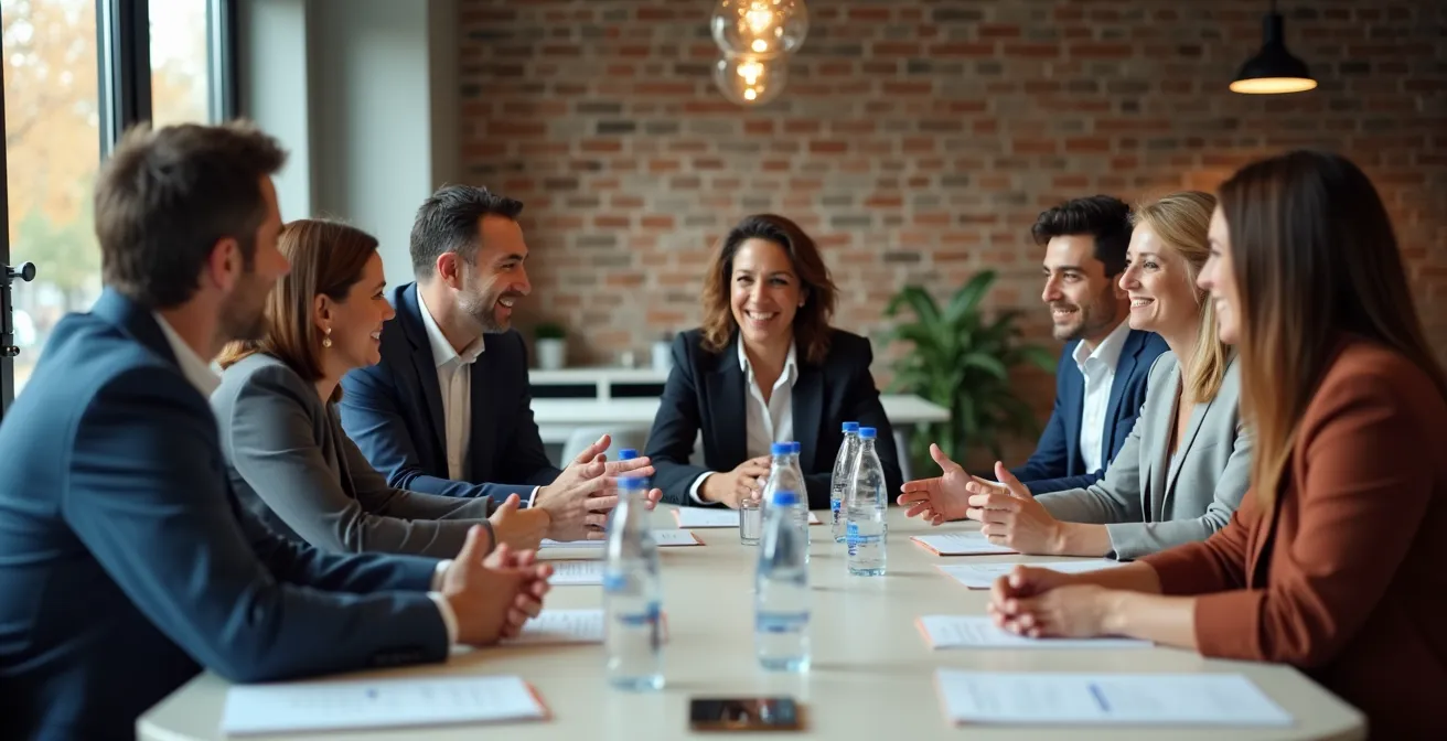 Team multiculturale in riunione attorno a tavolo rotondo in ambiente luminoso