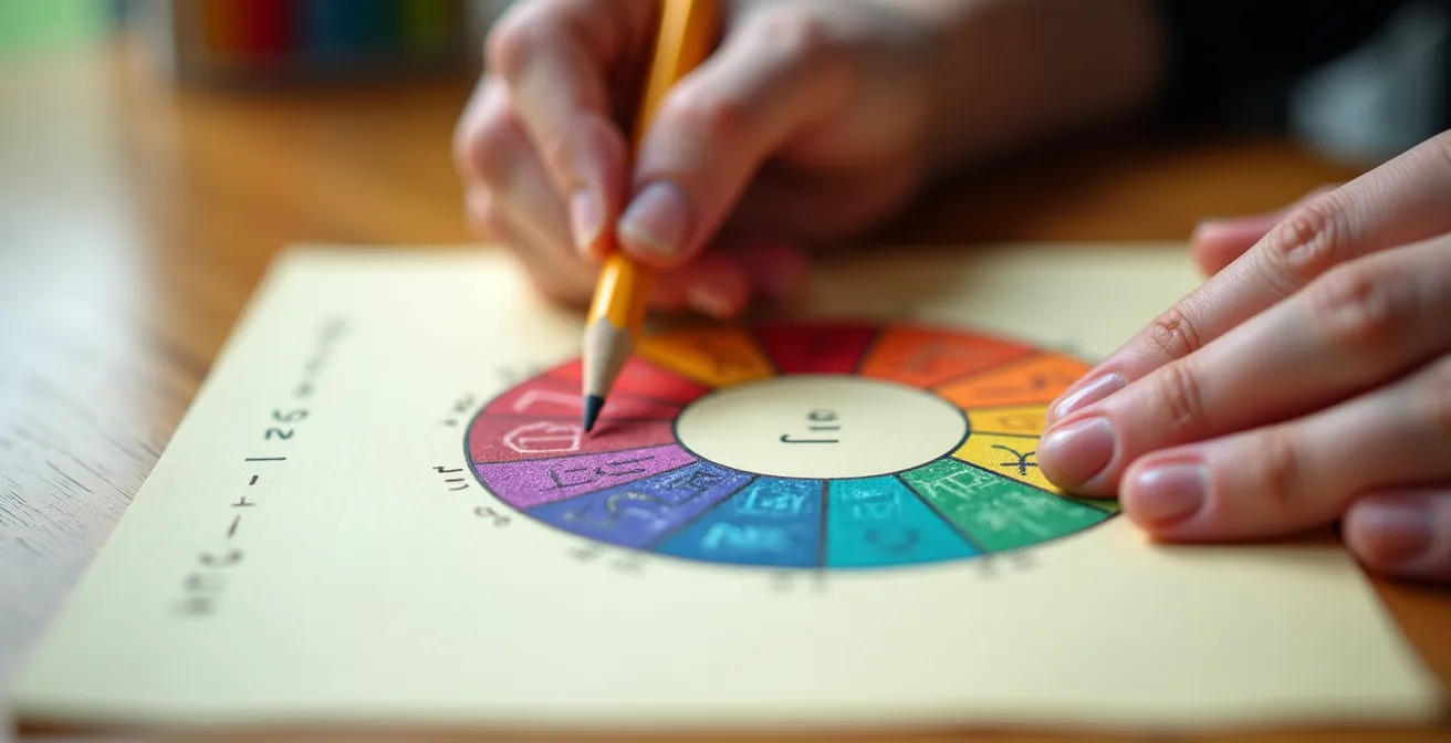 Mani che disegnano una ruota della vita colorata su carta con matite colorate