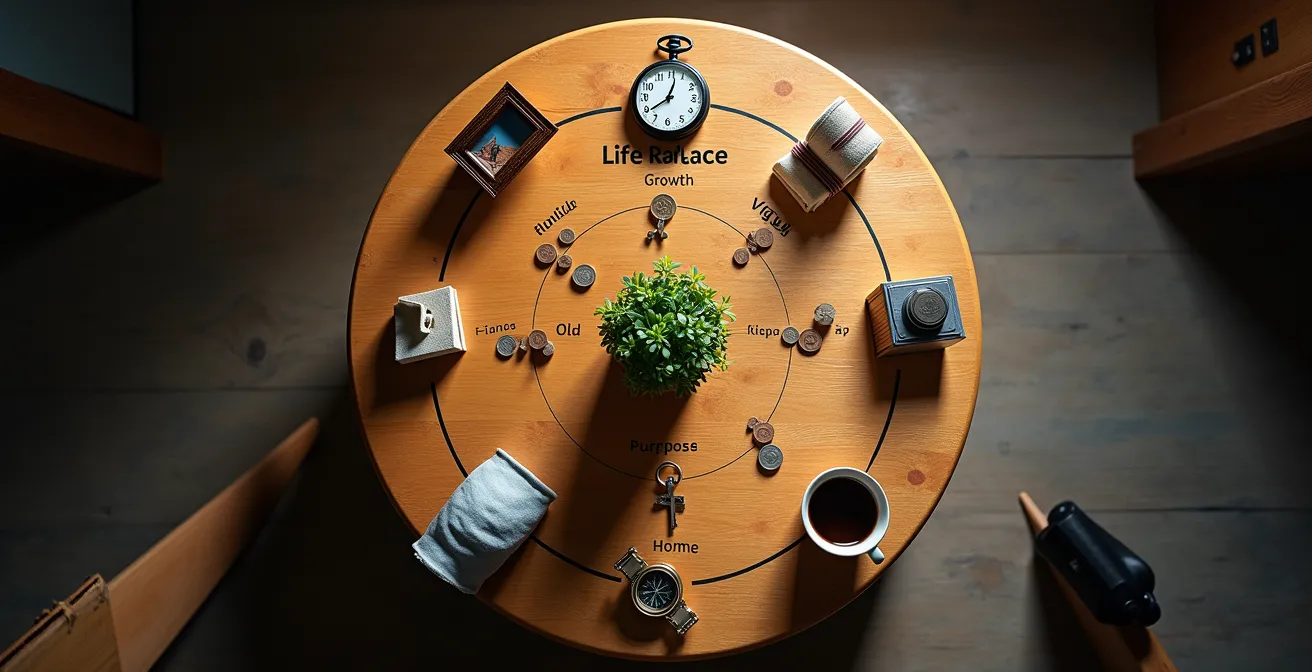 Illustrazione astratta di una ruota colorata divisa in spicchi rappresentanti diverse aree della vita