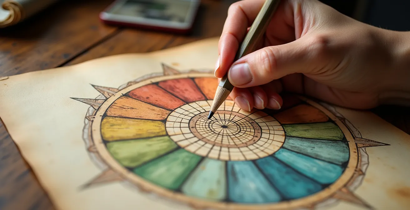 Mani che disegnano una ruota della vita colorata su carta