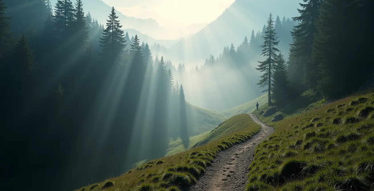 Sentiero di montagna immerso nel bosco con luce filtrata tra gli alberi