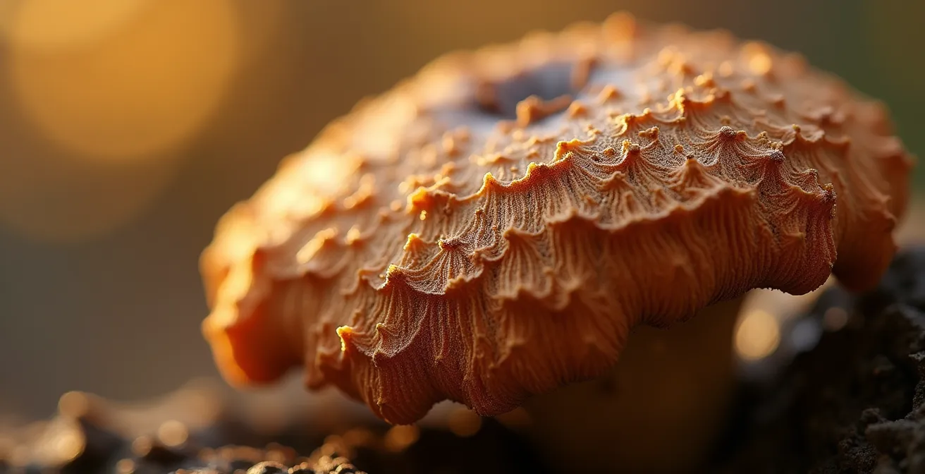 Dettaglio macro di texture fungine con sfumature naturali
