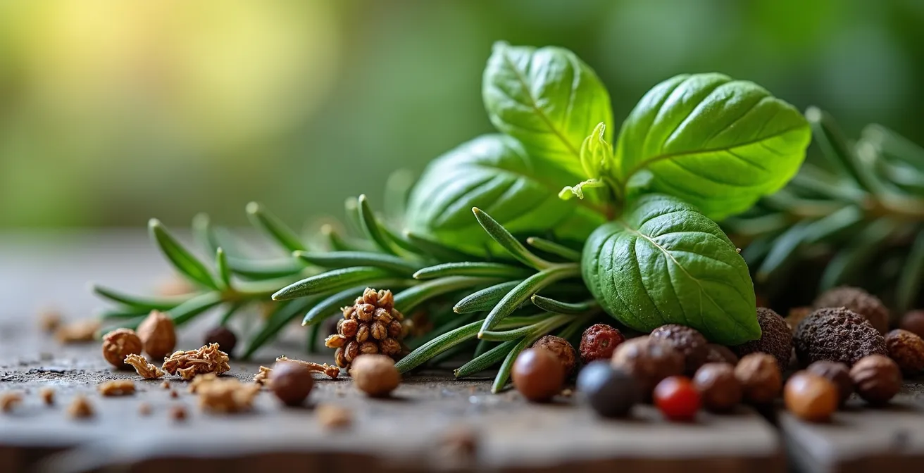 Macro fotografia di erbe fresche e spezie italiane come rosmarino e basilico su un tavolo di legno rustico.