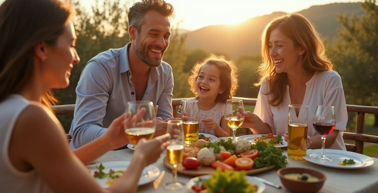 Famiglia italiana a tavola con cibo mediterraneo in ambiente luminoso e conviviale