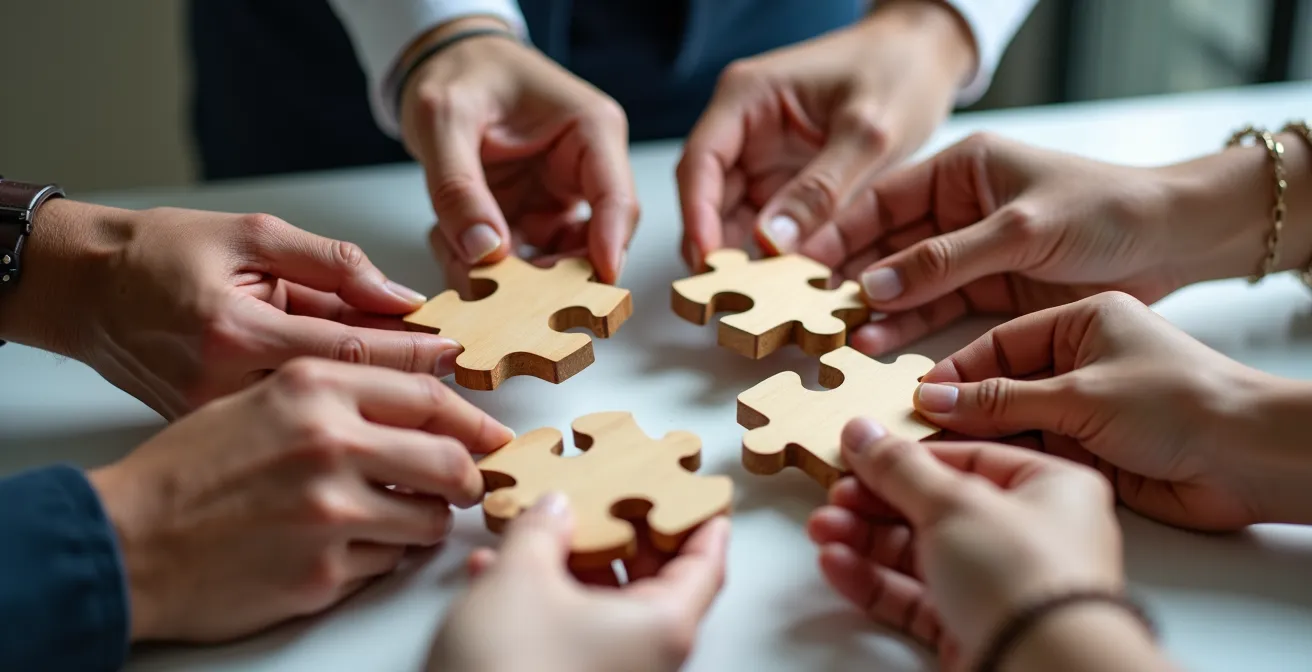 Primo piano di mani diverse che tengono pezzi di puzzle che si incastrano perfettamente sopra un tavolo di lavoro