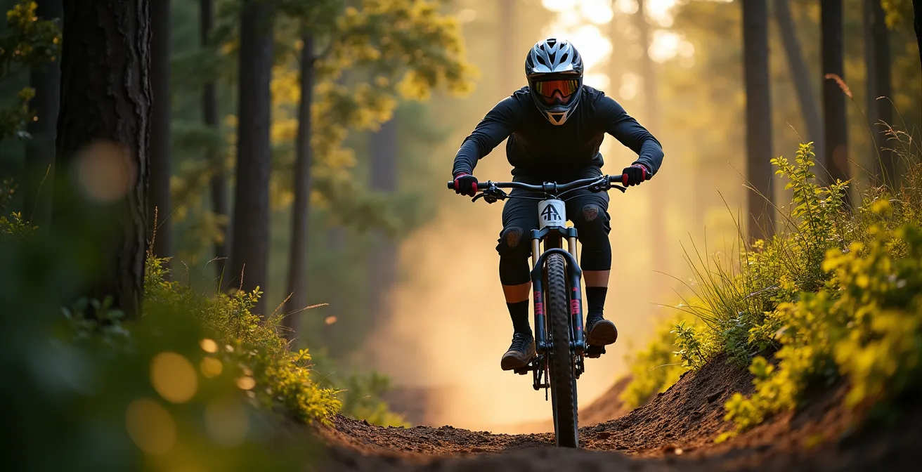 Biker in posizione corretta di frenata su discesa tecnica