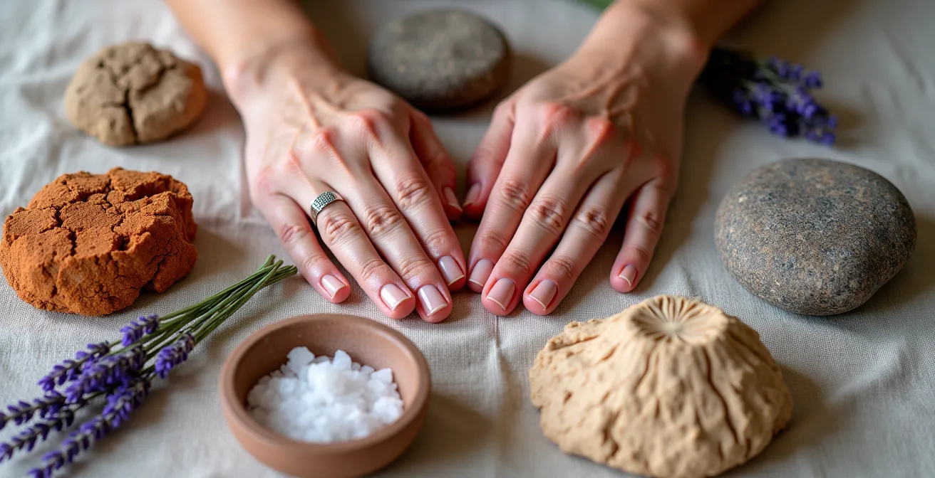 Primo piano di mani che toccano oggetti naturali per il grounding sensoriale