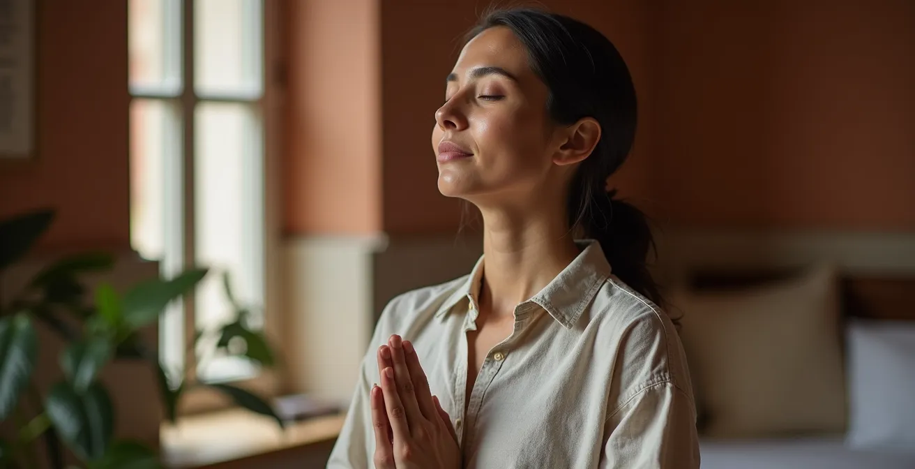 Dettaglio ravvicinato di persona che pratica respirazione profonda in ambiente quotidiano