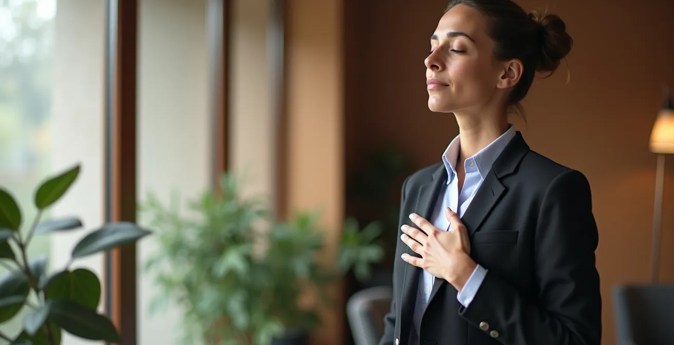 Persona che pratica respirazione profonda in ambiente sereno