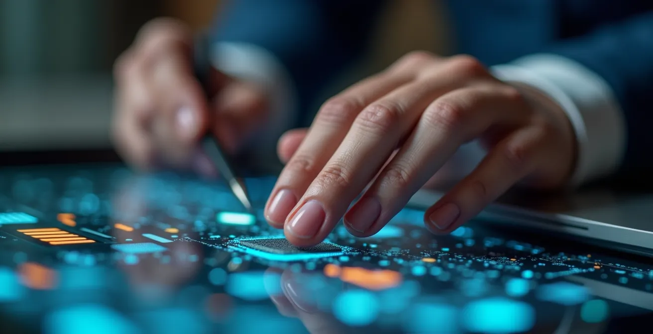 Dettaglio ravvicinato di mani che lavorano con tecnologia e strumenti digitali