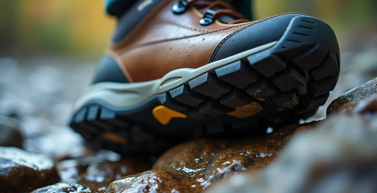 Dettaglio macro di una suola di scarpone da trekking su terreno roccioso