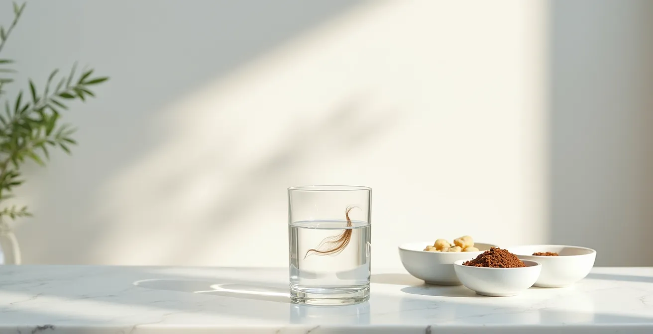 Composizione minimalista con strumenti per test capelli su sfondo neutro