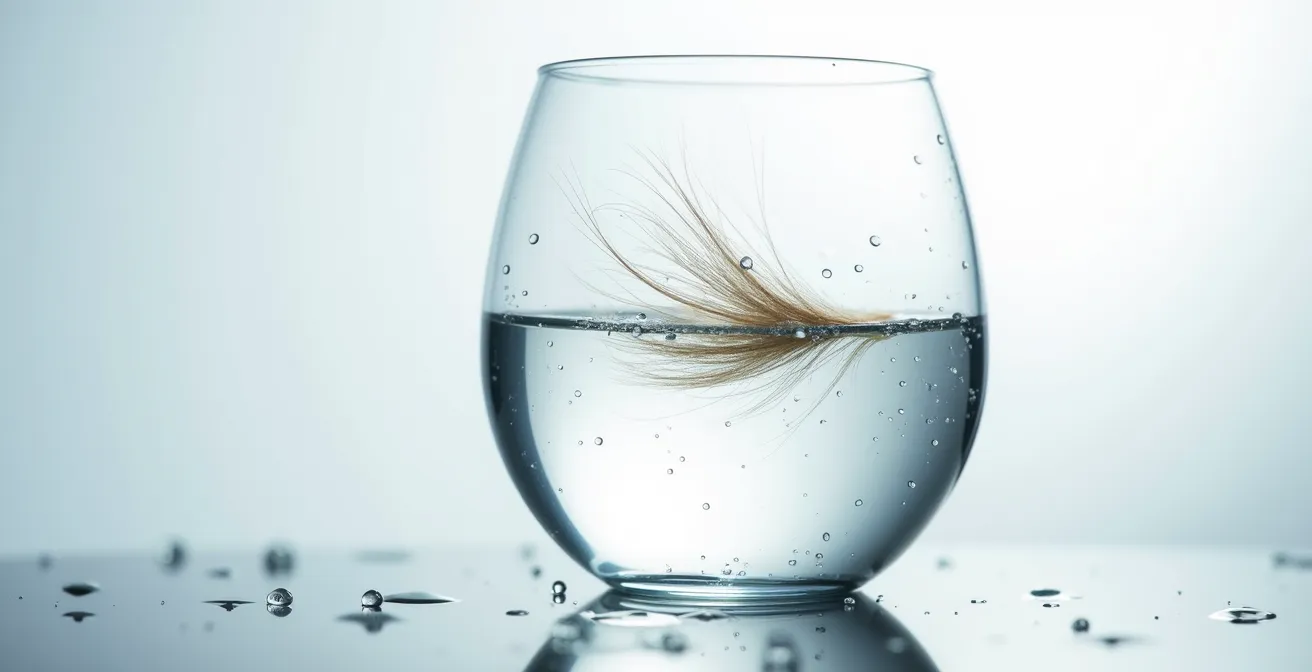Test della porosità dei capelli eseguito immergendo una ciocca in un bicchiere d'acqua per valutarne l'assorbimento.