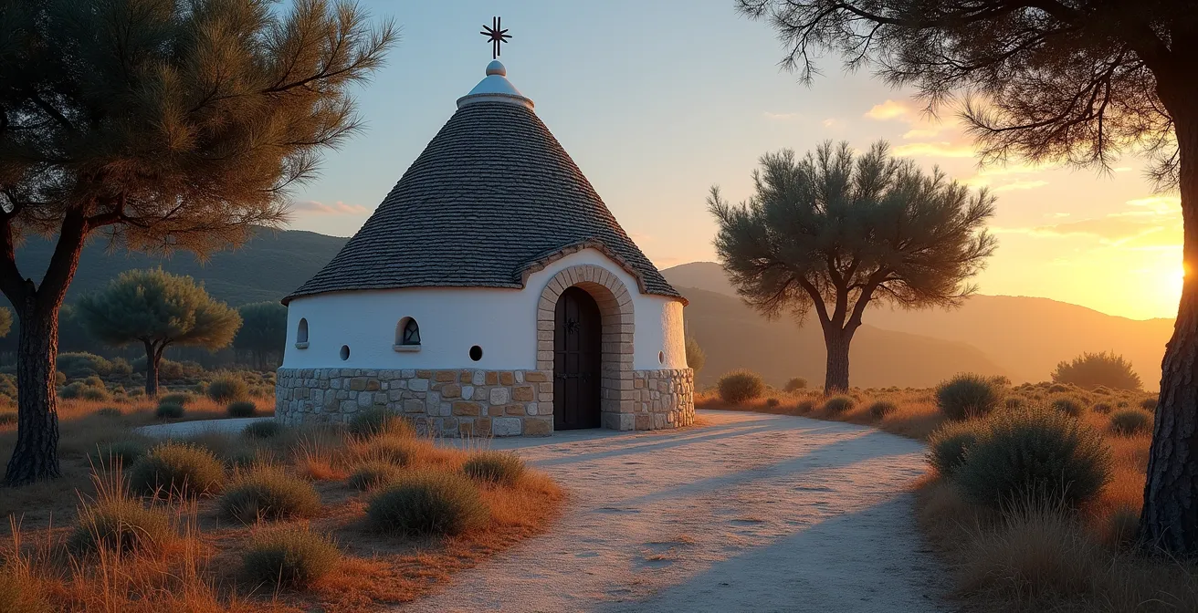 Trullo tradizionale pugliese immerso negli ulivi all'alba