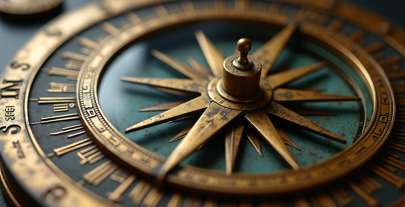 Vista macro di una bussola aziendale con dettagli dei punti cardinali strategici