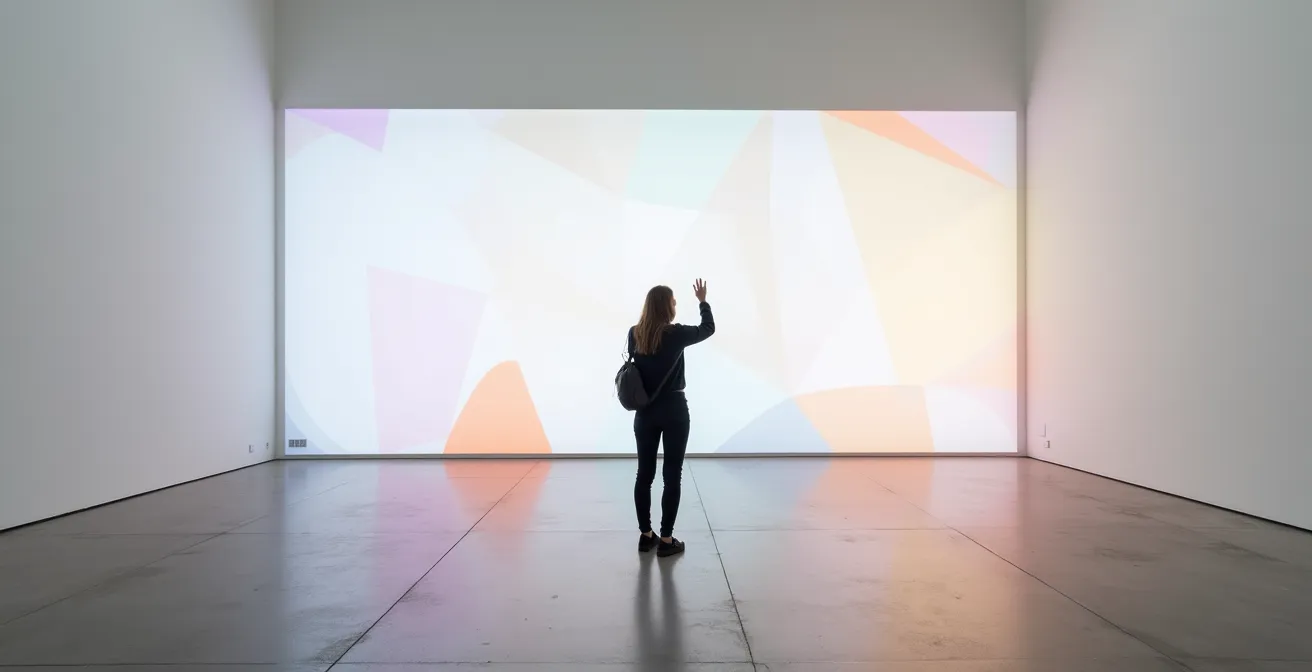 Silhouette di visitatore in spazio museale contemporaneo con installazione luminosa interattiva