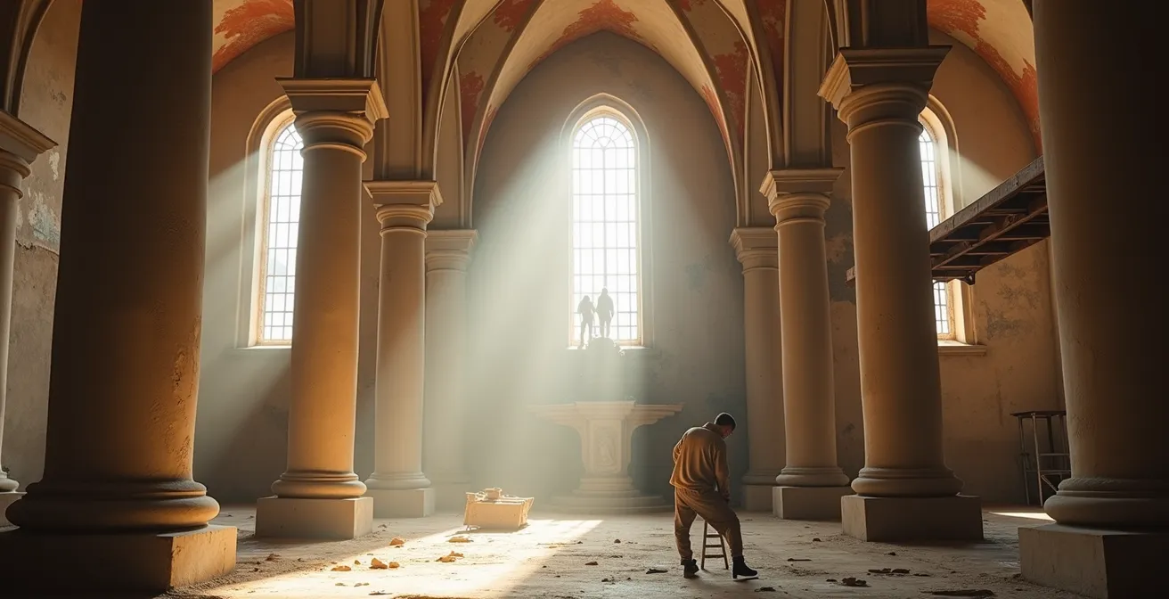 Gruppo di volontari al lavoro su un antico affresco in una chiesa storica