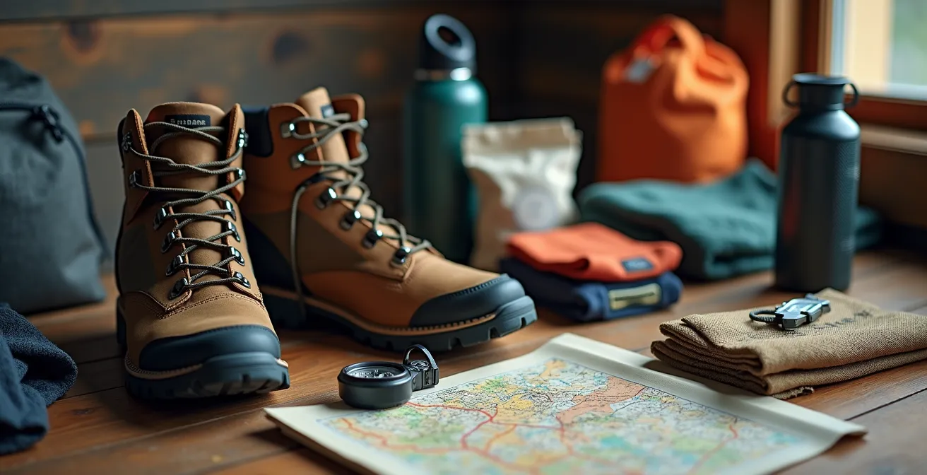 Attrezzatura da trekking disposta ordinatamente su un tavolo di legno rustico, inclusi scarponi, borraccia, mappa e kit di primo soccorso.