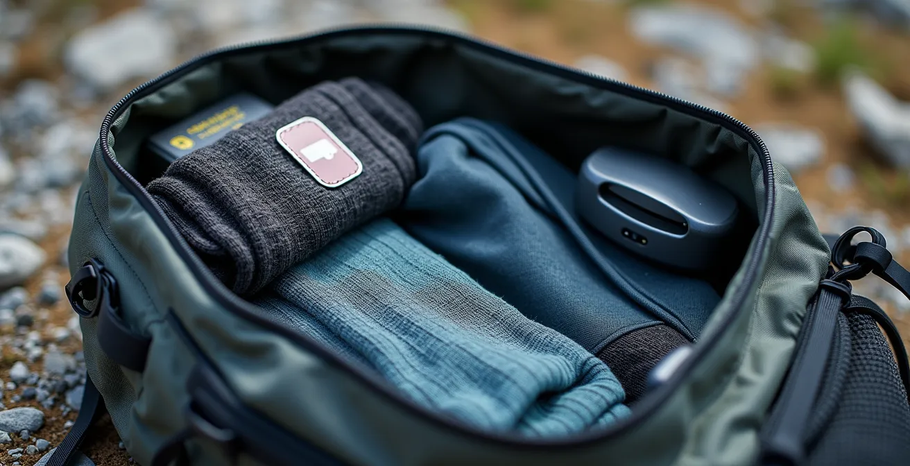 Zaino da trekking aperto con attrezzatura meticolosamente organizzata su una superficie naturale, evidenziando l'ordine e la preparazione.